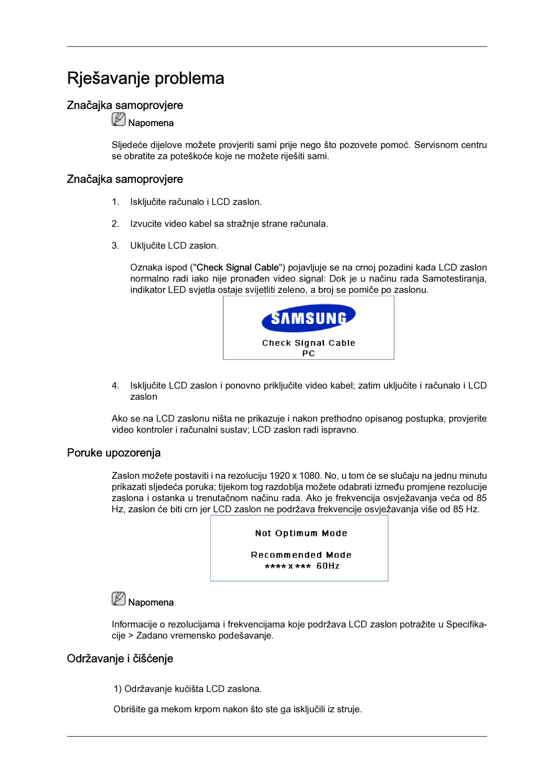 Samsung LH52BPULBC/EN manual Značajka samoprovjere, Poruke upozorenja, Održavanje i čišćenje 