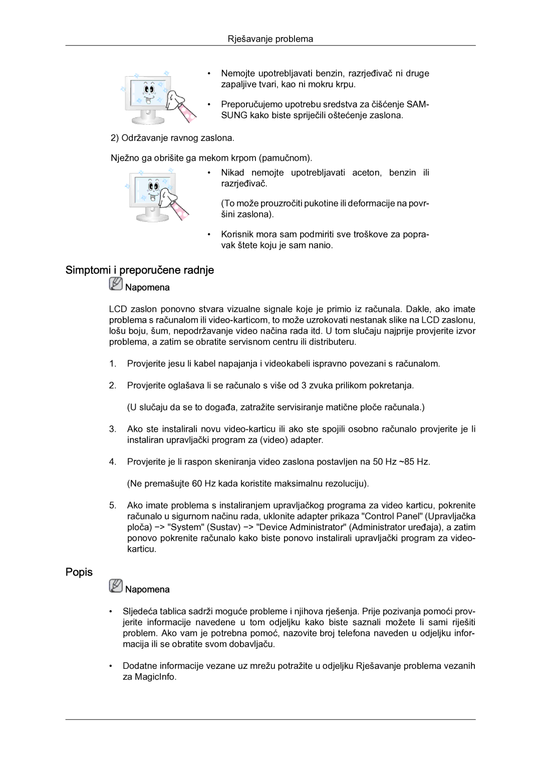 Samsung LH52BPULBC/EN manual Simptomi i preporučene radnje, Popis 