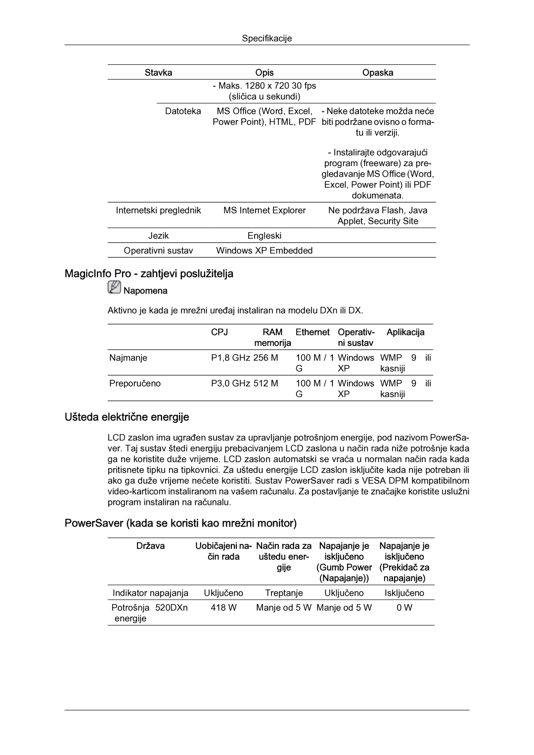 Samsung LH52BPULBC/EN manual MagicInfo Pro zahtjevi poslužitelja, Ušteda električne energije 