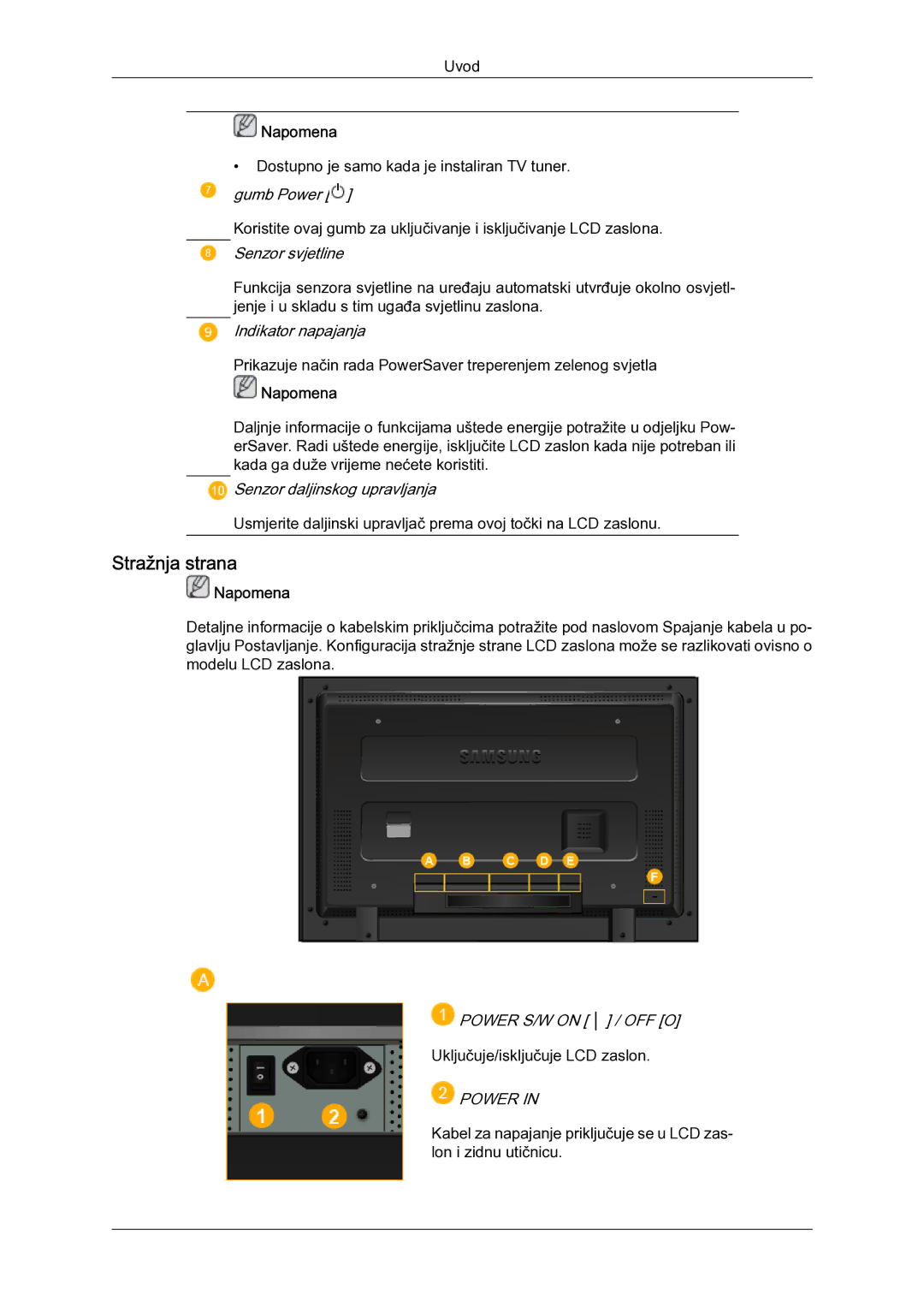 Samsung LH52BPULBC/EN manual Stražnja strana, Senzor svjetline 