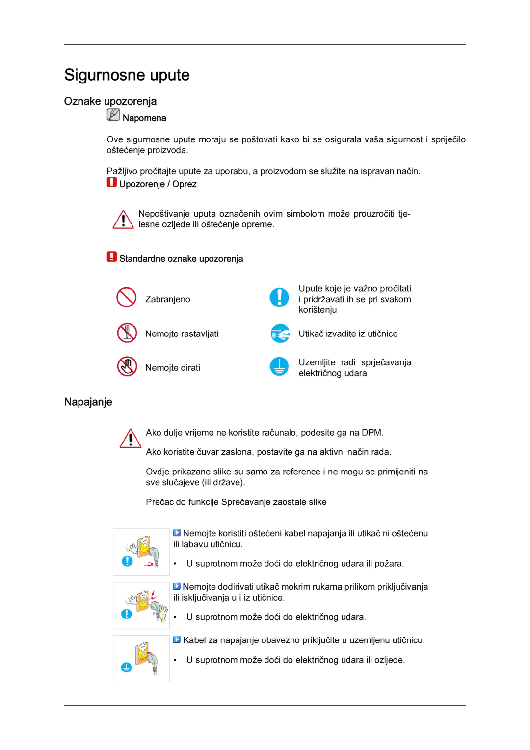 Samsung LH52BPULBC/EN manual Oznake upozorenja, Napajanje, Napomena, Upozorenje / Oprez, Standardne oznake upozorenja 