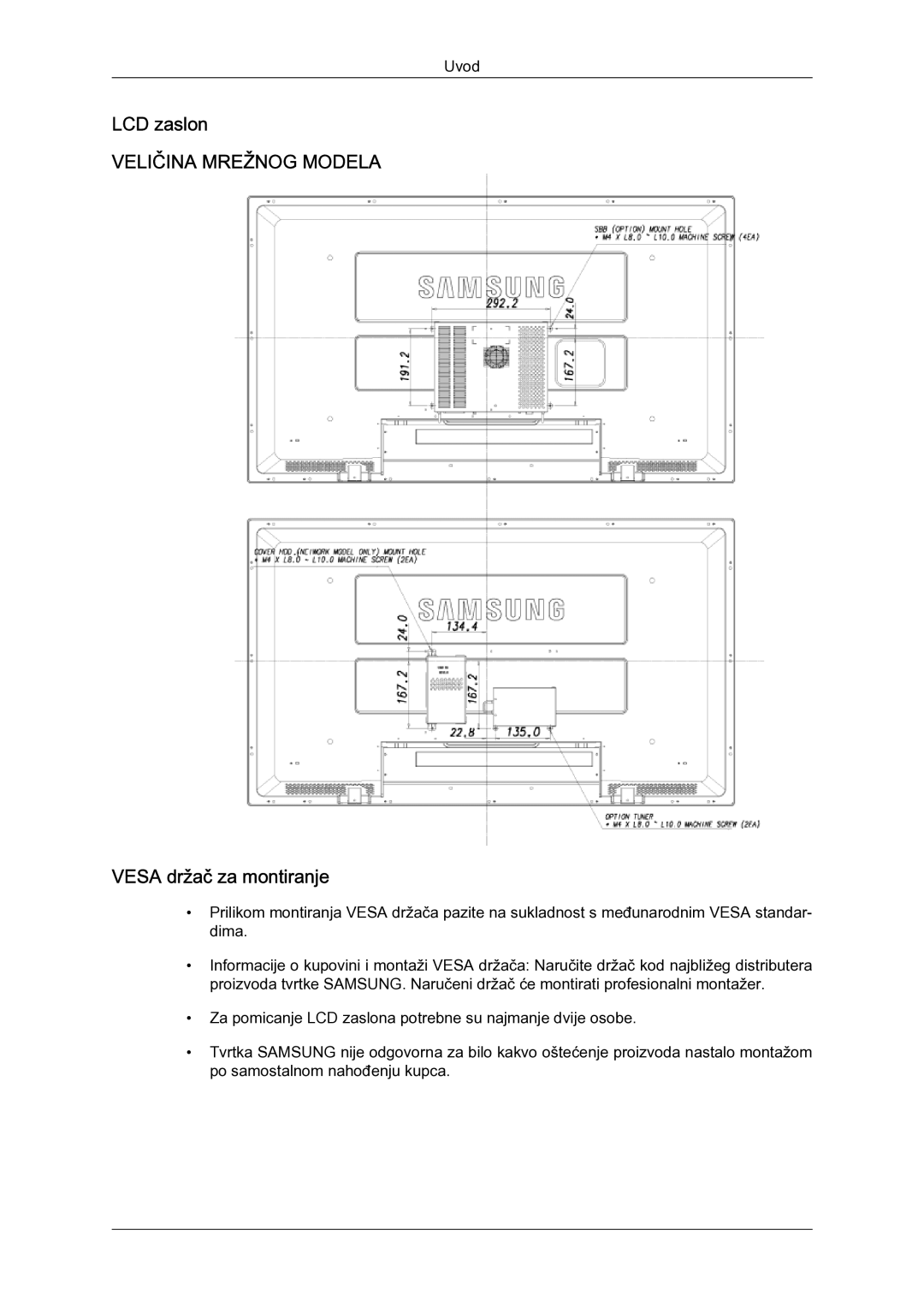 Samsung LH52BPULBC/EN manual LCD zaslon, Vesa držač za montiranje 