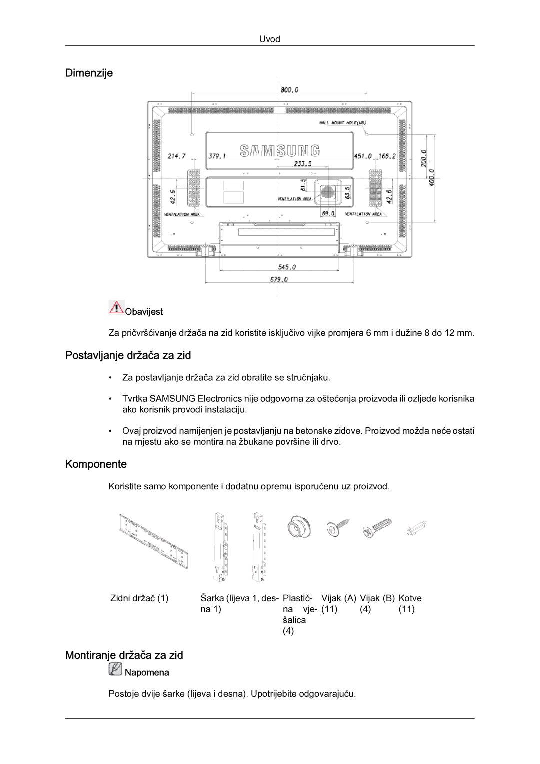 Samsung LH52BPULBC/EN manual Dimenzije, Postavljanje držača za zid, Komponente, Montiranje držača za zid, Obavijest 