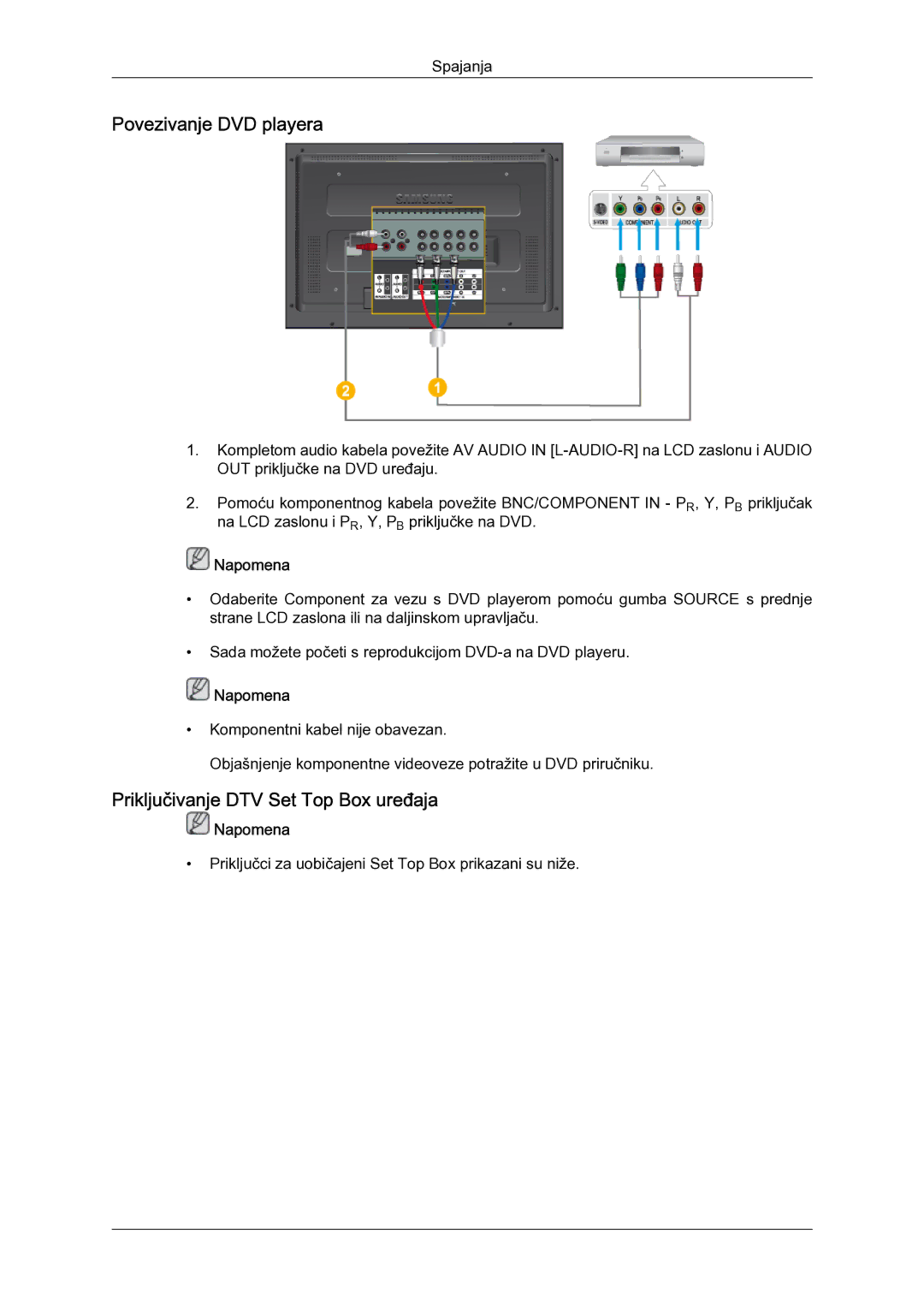 Samsung LH52BPULBC/EN manual Povezivanje DVD playera, Priključivanje DTV Set Top Box uređaja 
