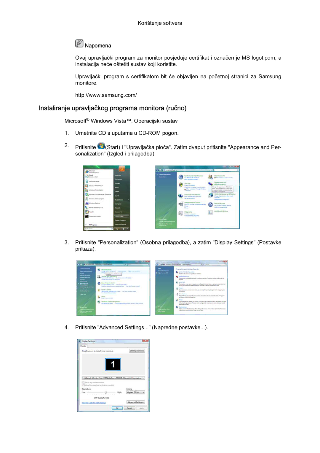 Samsung LH52BPULBC/EN manual Instaliranje upravljačkog programa monitora ručno 