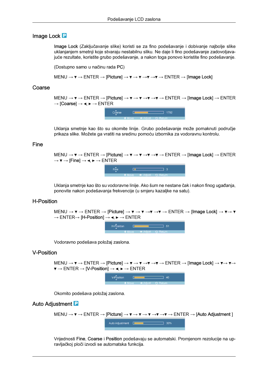 Samsung LH52BPULBC/EN manual Image Lock, Coarse, Fine, Position, Auto Adjustment 