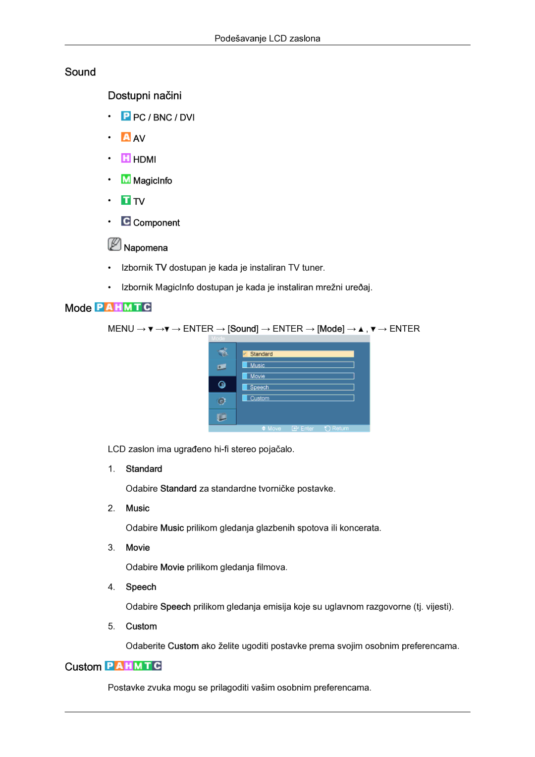 Samsung LH52BPULBC/EN manual Sound Dostupni načini, Music, Speech 