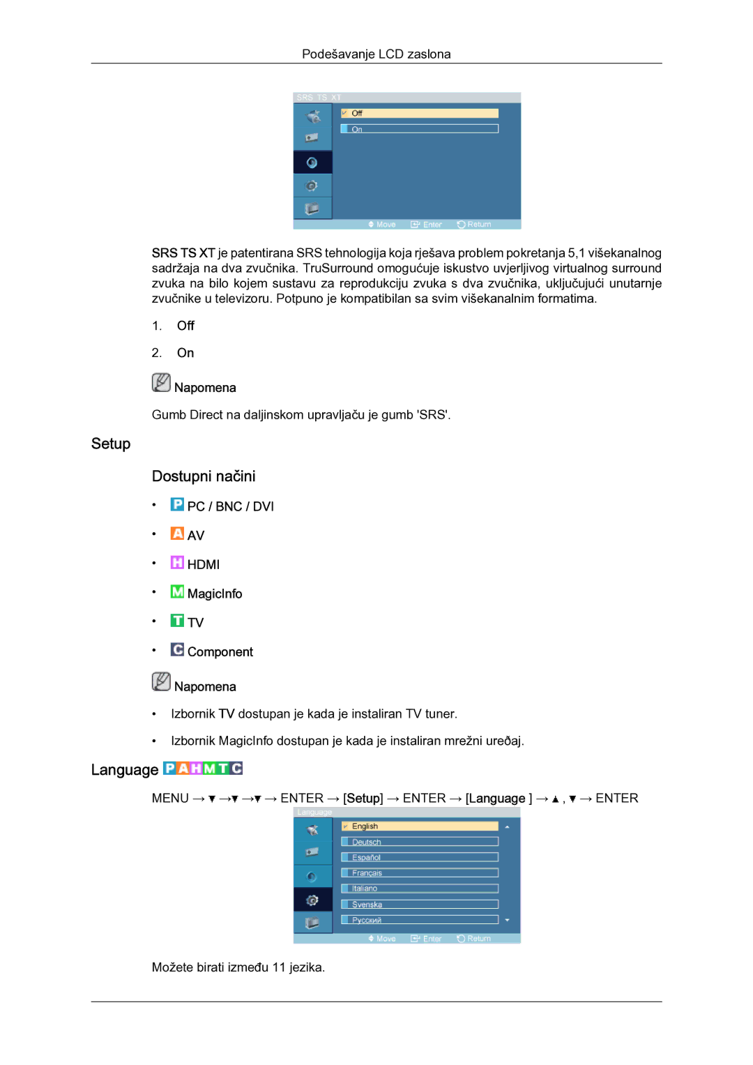 Samsung LH52BPULBC/EN manual Setup Dostupni načini, Language, Off Napomena 