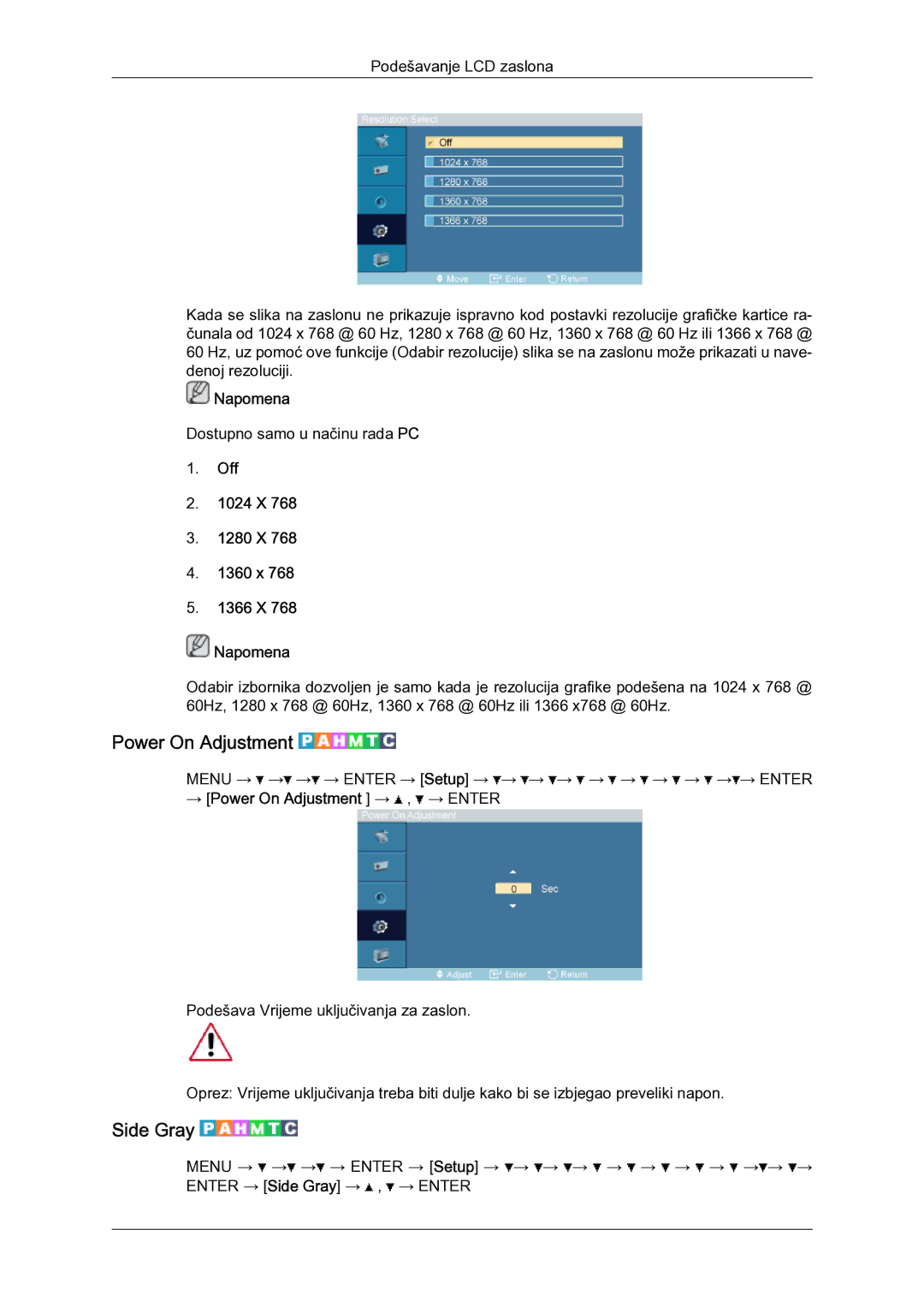 Samsung LH52BPULBC/EN manual Power On Adjustment, Side Gray, Off 1024 X 1280 X 1360 x 1366 X Napomena 