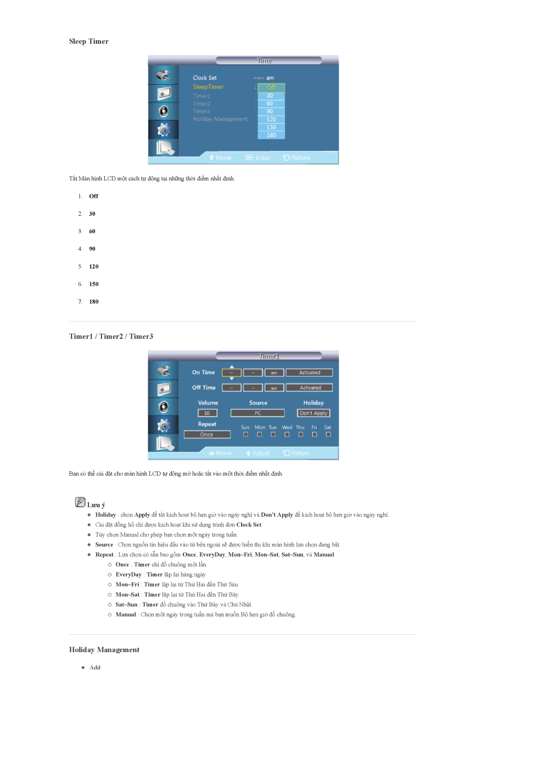 Samsung LH55CPPLBB/XY, LH55CPPLBB/XS, LH46CPPLBB/XY manual Sleep Timer, Timer1 / Timer2 / Timer3, Holiday Management 