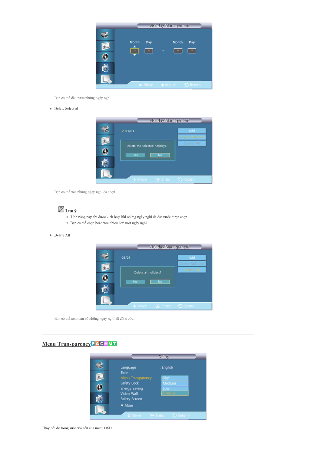 Samsung LH55CPPLBB/XS, LH55CPPLBB/XY, LH46CPPLBB/XY manual Menu Transparency 