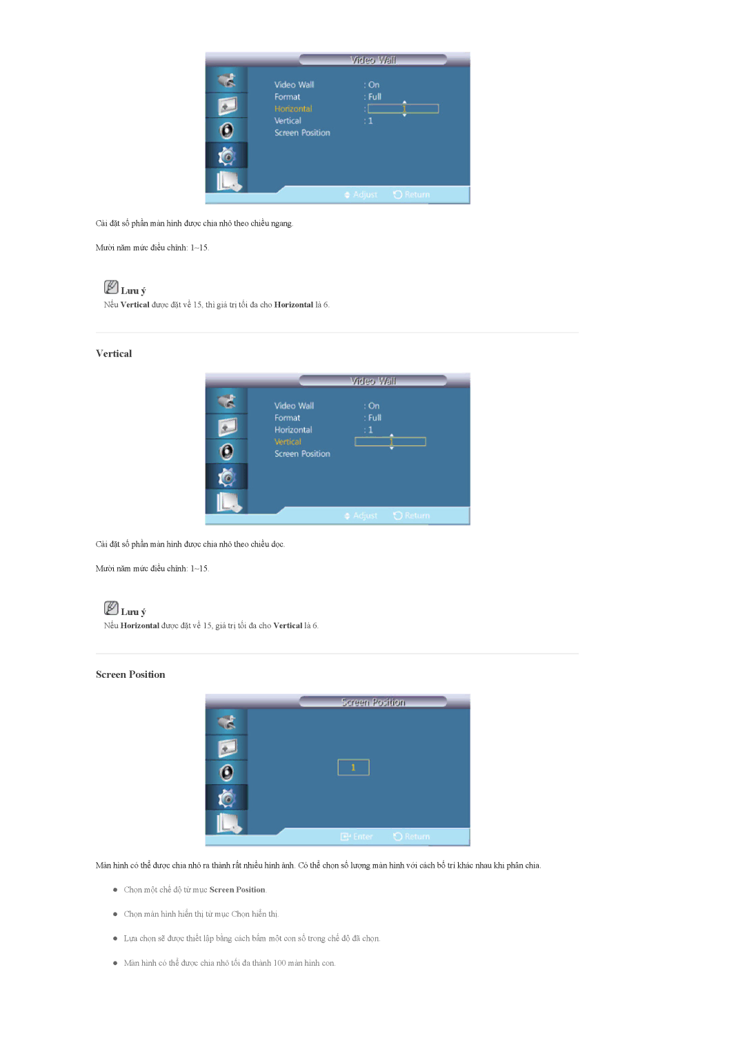 Samsung LH55CPPLBB/XS, LH55CPPLBB/XY, LH46CPPLBB/XY manual Vertical, Screen Position 