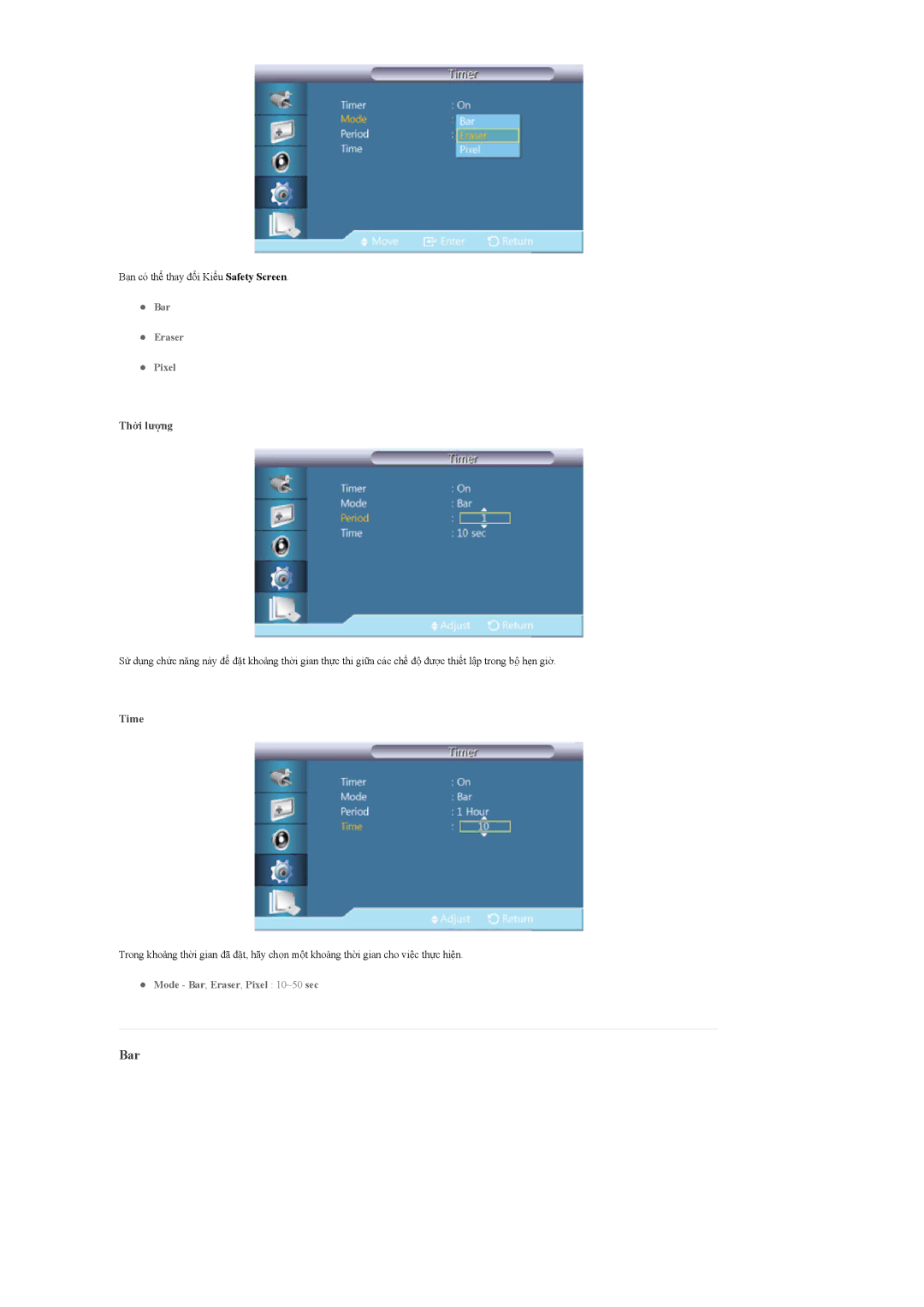 Samsung LH55CPPLBB/XS, LH55CPPLBB/XY, LH46CPPLBB/XY manual Bar, Thời lượng 