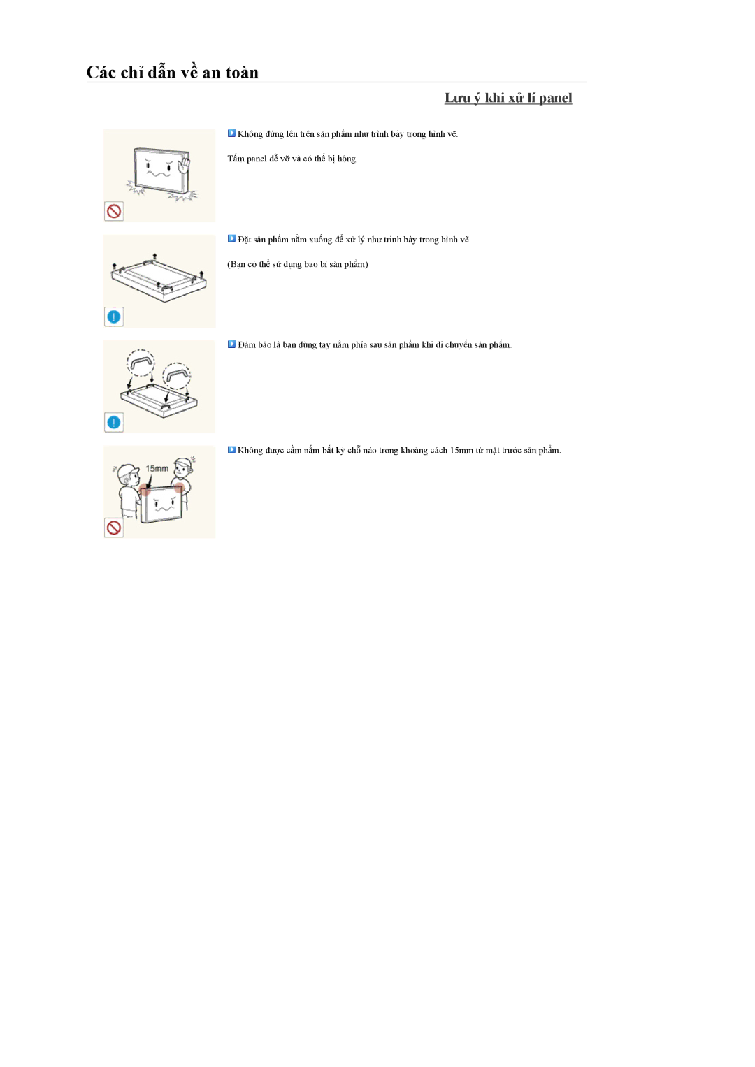 Samsung LH55CPPLBB/XY, LH55CPPLBB/XS, LH46CPPLBB/XY manual Lưu ý khi xử lí panel 