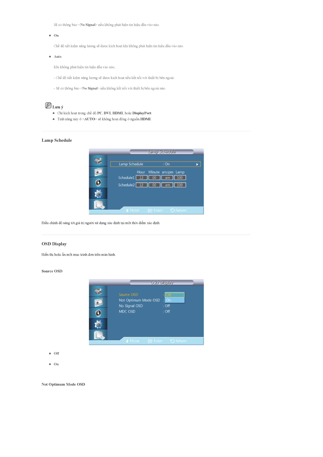 Samsung LH55CPPLBB/XS, LH55CPPLBB/XY, LH46CPPLBB/XY manual Lamp Schedule, OSD Display, Source OSD, Not Optimum Mode OSD 