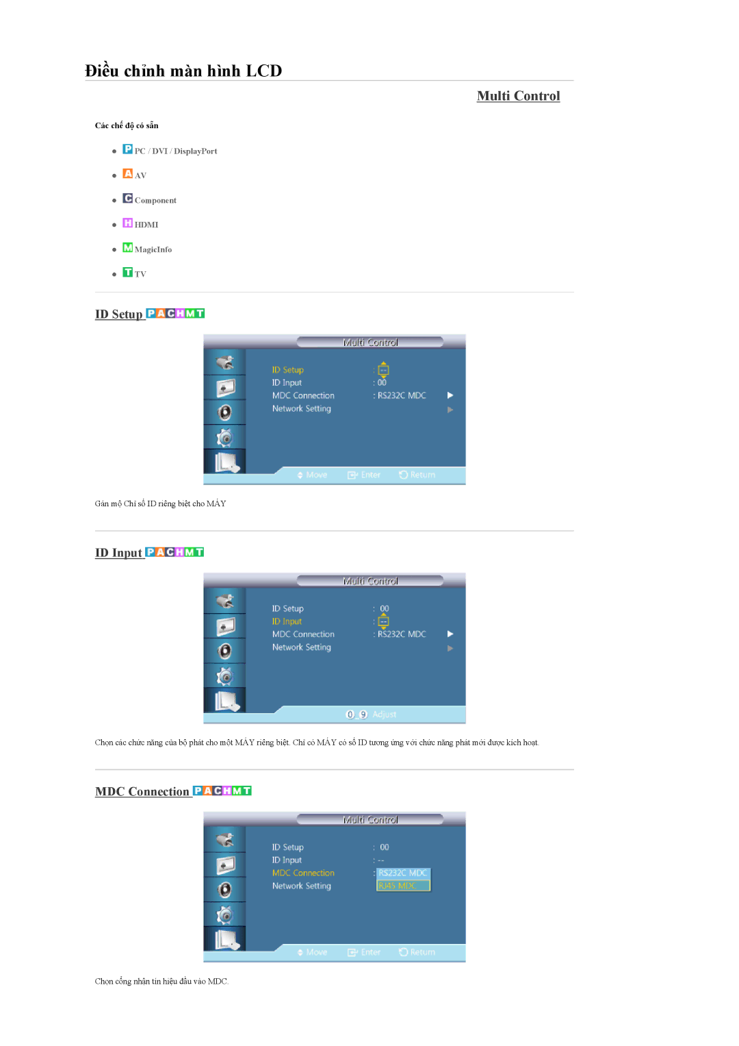 Samsung LH55CPPLBB/XS, LH55CPPLBB/XY, LH46CPPLBB/XY manual Multi Control, ID Setup, ID Input, MDC Connection 