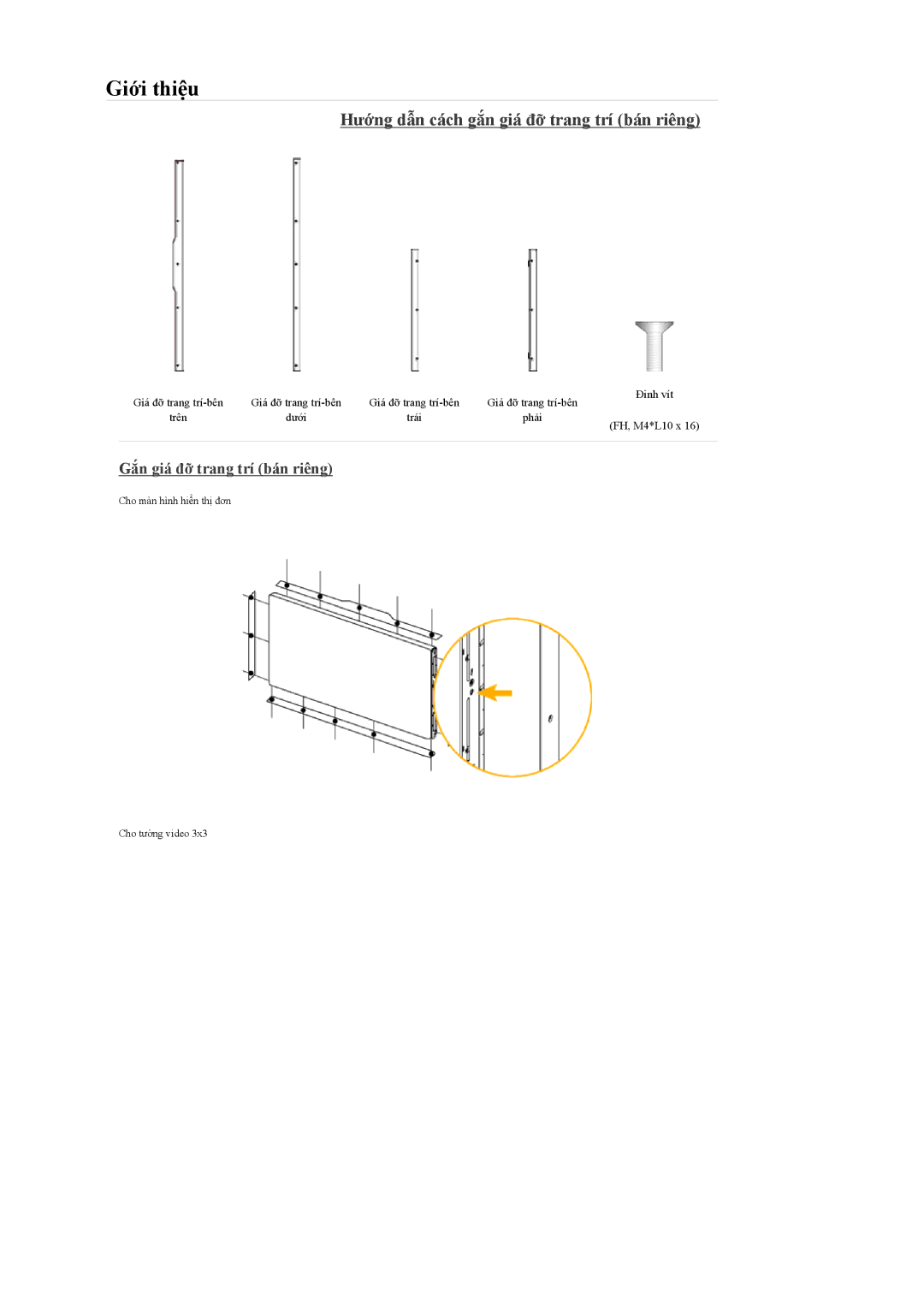 Samsung LH55CPPLBB/XY, LH55CPPLBB/XS manual Hướng dẫn cách gắn giá đỡ trang trí bán riêng, Gắn giá đỡ trang trí bán riêng 