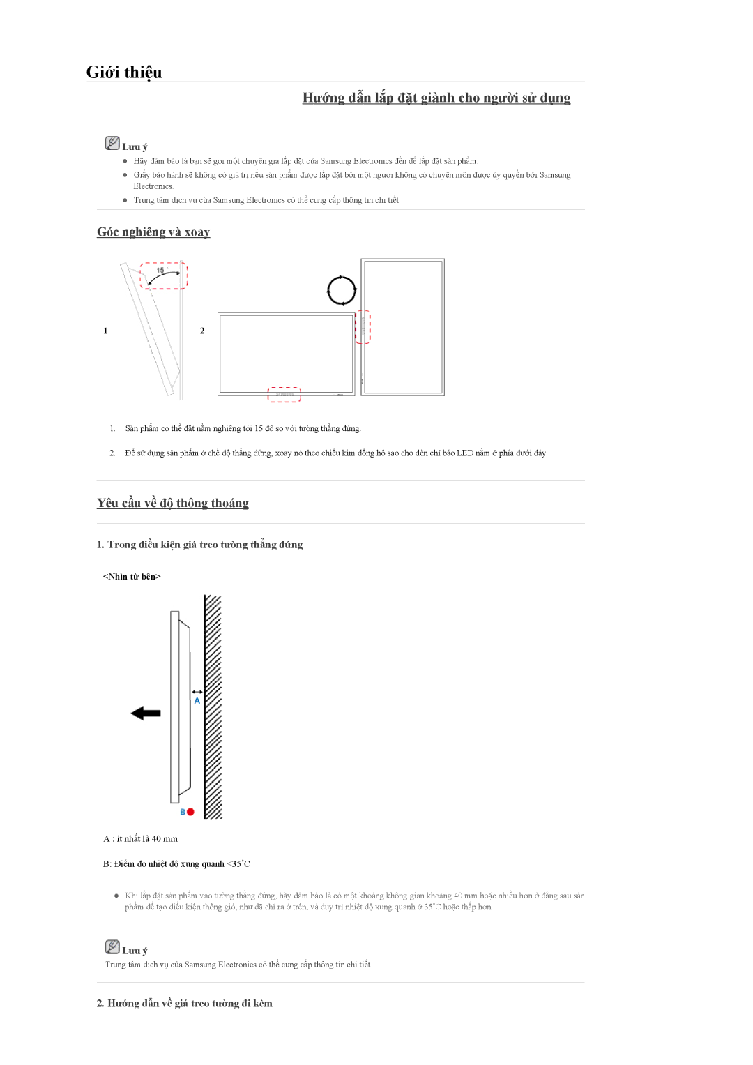 Samsung LH46CPPLBB/XY manual Hướng dẫn lắp đặt giành cho người sử dụng, Góc nghiêng và xoay, Yêu cầu về độ thông thoáng 