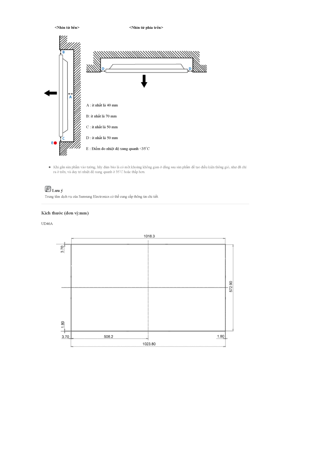 Samsung LH55CPPLBB/XY, LH55CPPLBB/XS, LH46CPPLBB/XY manual Kích thước đơn vịmm 