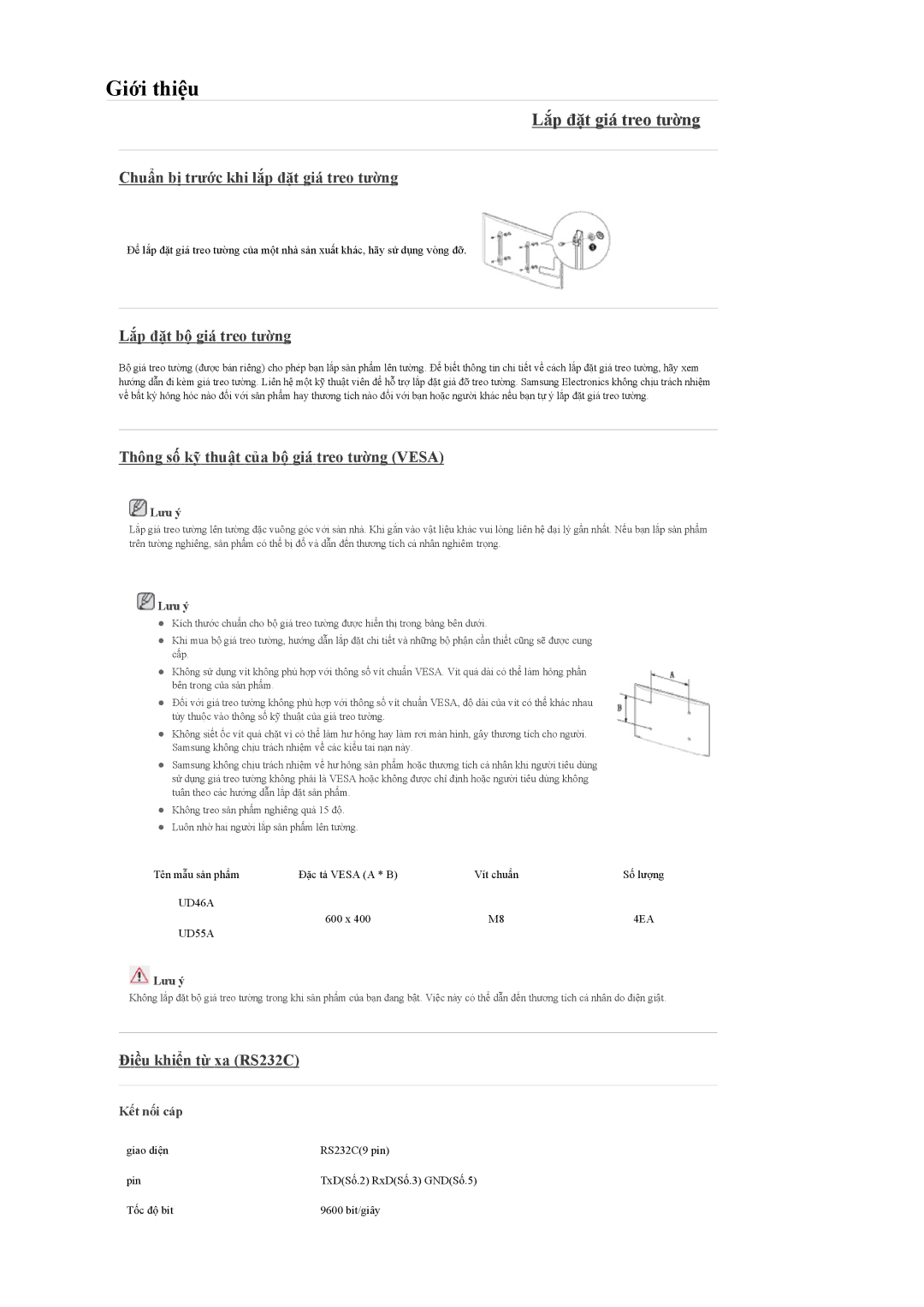 Samsung LH55CPPLBB/XY manual Lắp đặt giá treo tường, Chuẩn bị trước khi lắp đặt giá treo tường, Lắp đặt bộ giá treo tường 