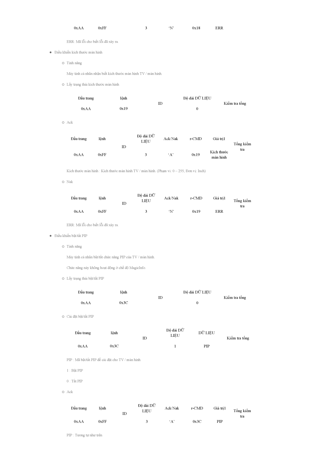 Samsung LH55CPPLBB/XY, LH55CPPLBB/XS, LH46CPPLBB/XY manual 0x19 Kiểm tra tổng 0xAA 