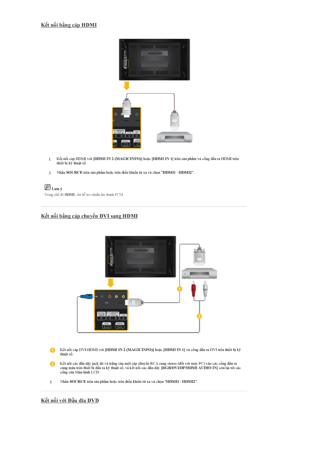 Samsung LH55CPPLBB/XS, LH55CPPLBB/XY Kết nối bằng cáp Hdmi, Kết nối bằng cáp chuyển DVI sang Hdmi, Kết nối với Đầu đĩa DVD 