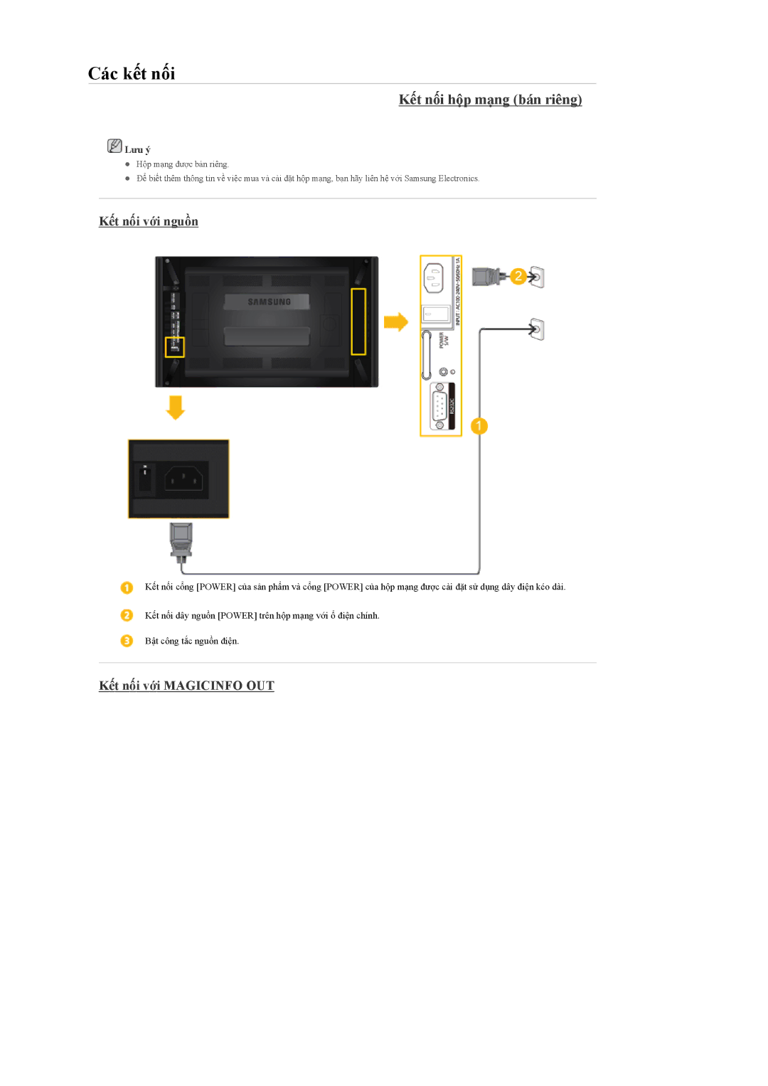 Samsung LH55CPPLBB/XS, LH55CPPLBB/XY manual Kết nối hộp mạng bán riêng, Kết nối với nguồn, Kết nối với Magicinfo OUT 