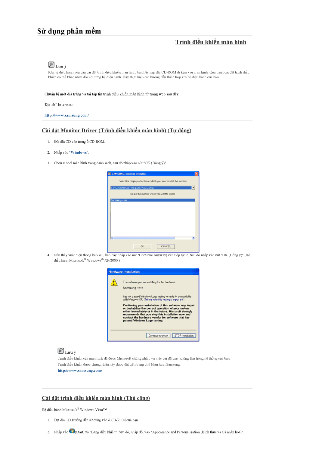 Samsung LH55CPPLBB/XS, LH55CPPLBB/XY manual Cài đặt Monitor Driver Trình điều khiển màn hình Tự động, Địa chỉ Internet 