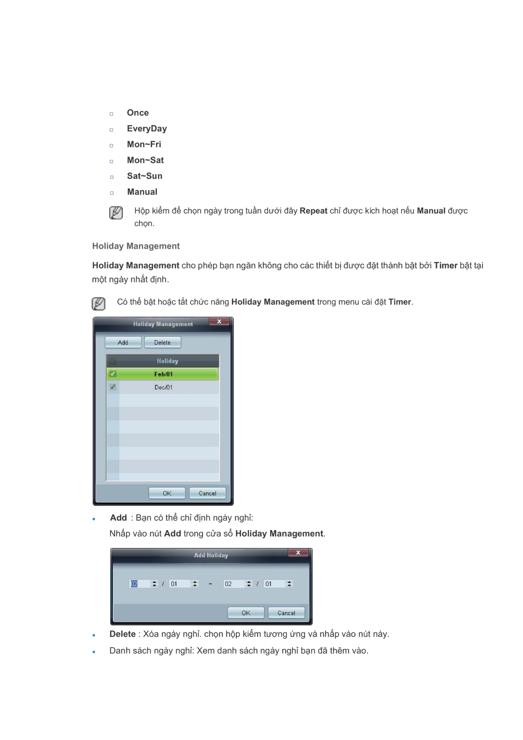 Samsung LH55CPPLBB/XY, LH55CPPLBB/XS, LH46CPPLBB/XY manual Holiday Management 