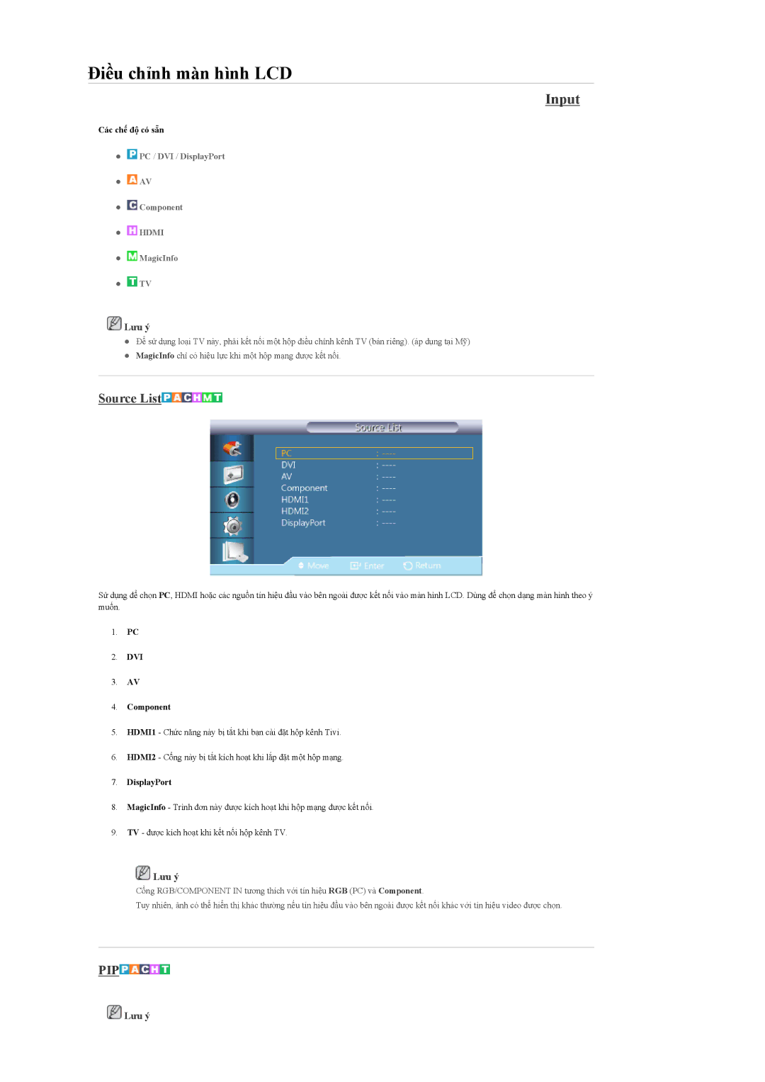 Samsung LH55CPPLBB/XS, LH55CPPLBB/XY, LH46CPPLBB/XY manual Input, Source List, Pip 