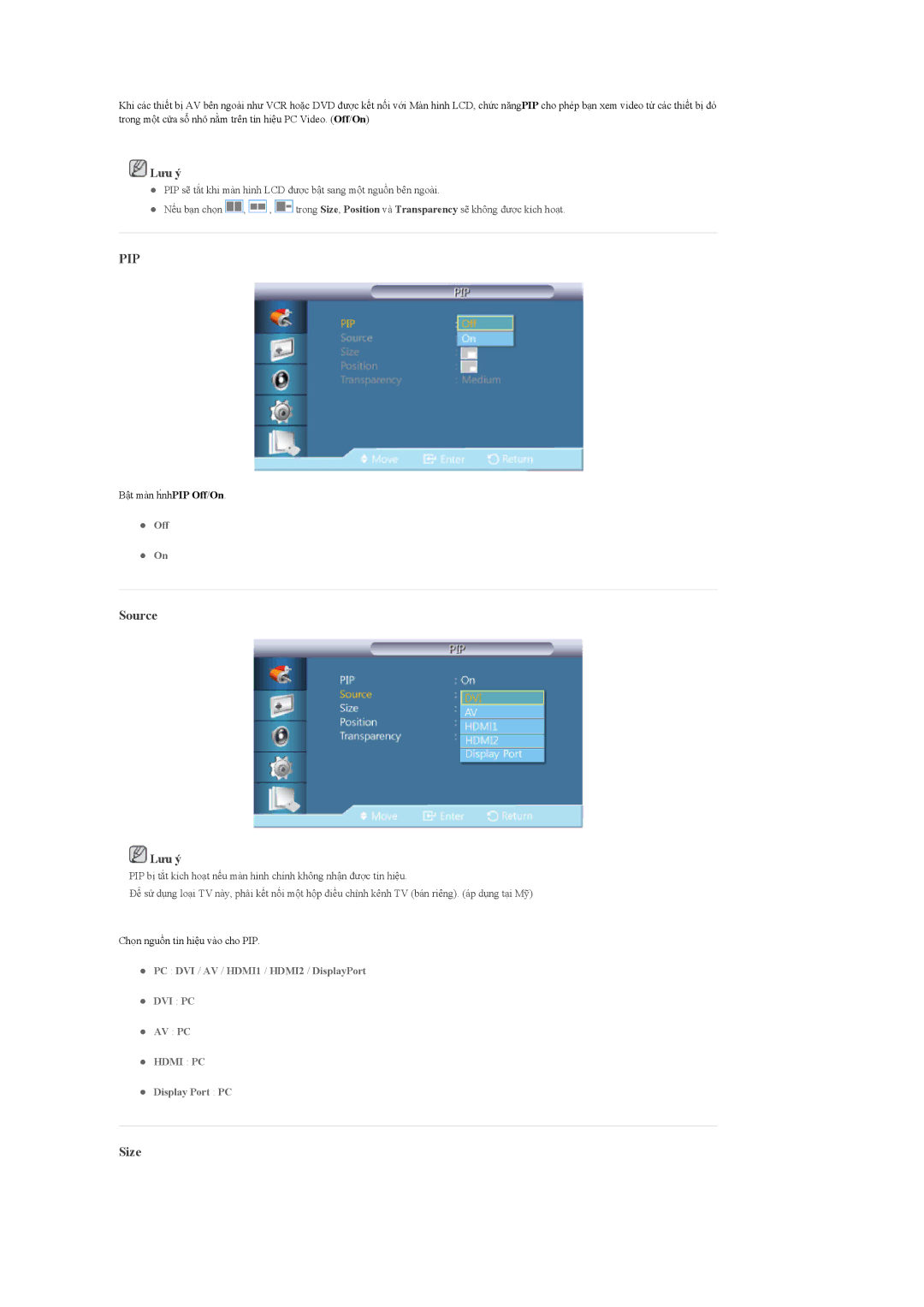 Samsung LH46CPPLBB/XY, LH55CPPLBB/XY, LH55CPPLBB/XS manual Source, Size 