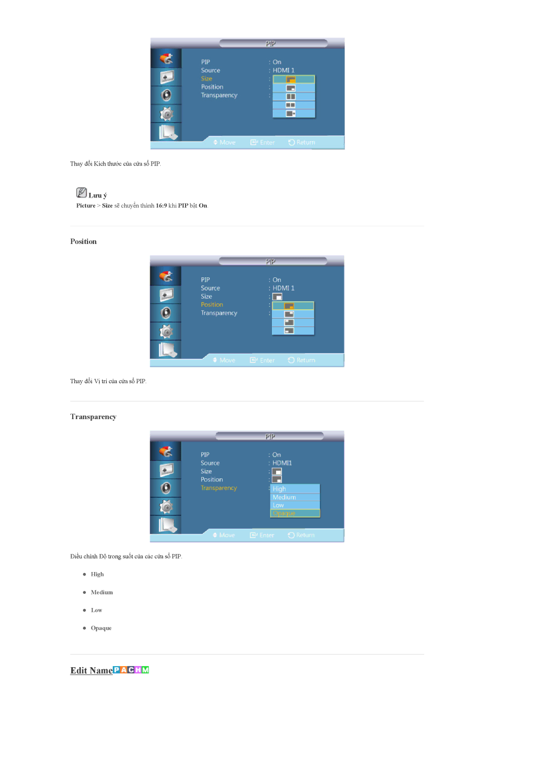 Samsung LH55CPPLBB/XY, LH55CPPLBB/XS, LH46CPPLBB/XY manual Edit Name, Position, Transparency 