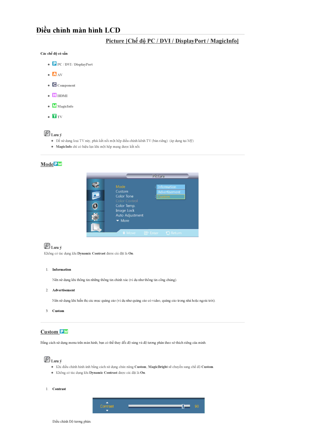 Samsung LH55CPPLBB/XY, LH55CPPLBB/XS, LH46CPPLBB/XY manual Picture Chế độ PC / DVI / DisplayPort / MagicInfo, Mode, Custom 