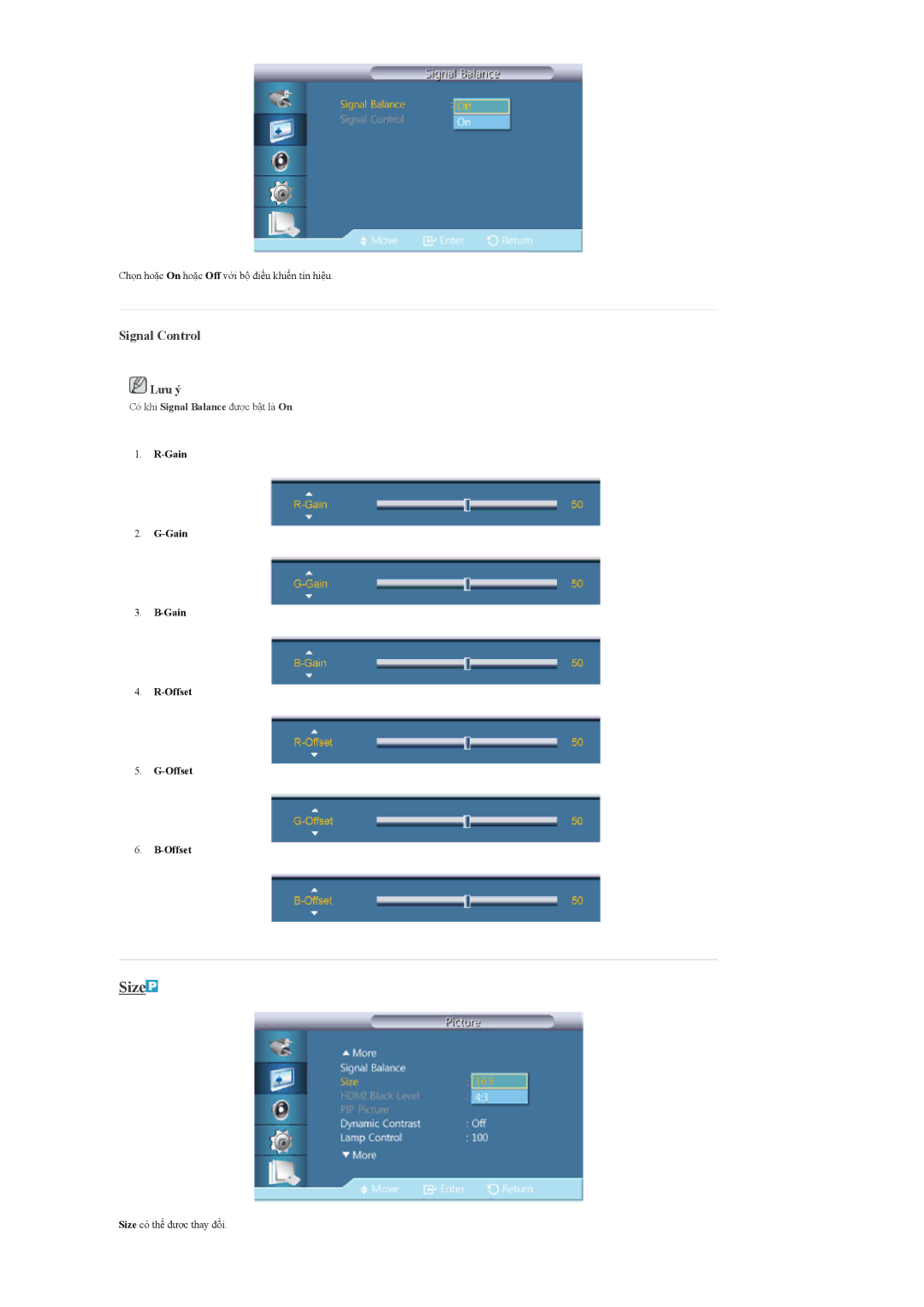 Samsung LH55CPPLBB/XS, LH55CPPLBB/XY, LH46CPPLBB/XY manual Size, Signal Control 