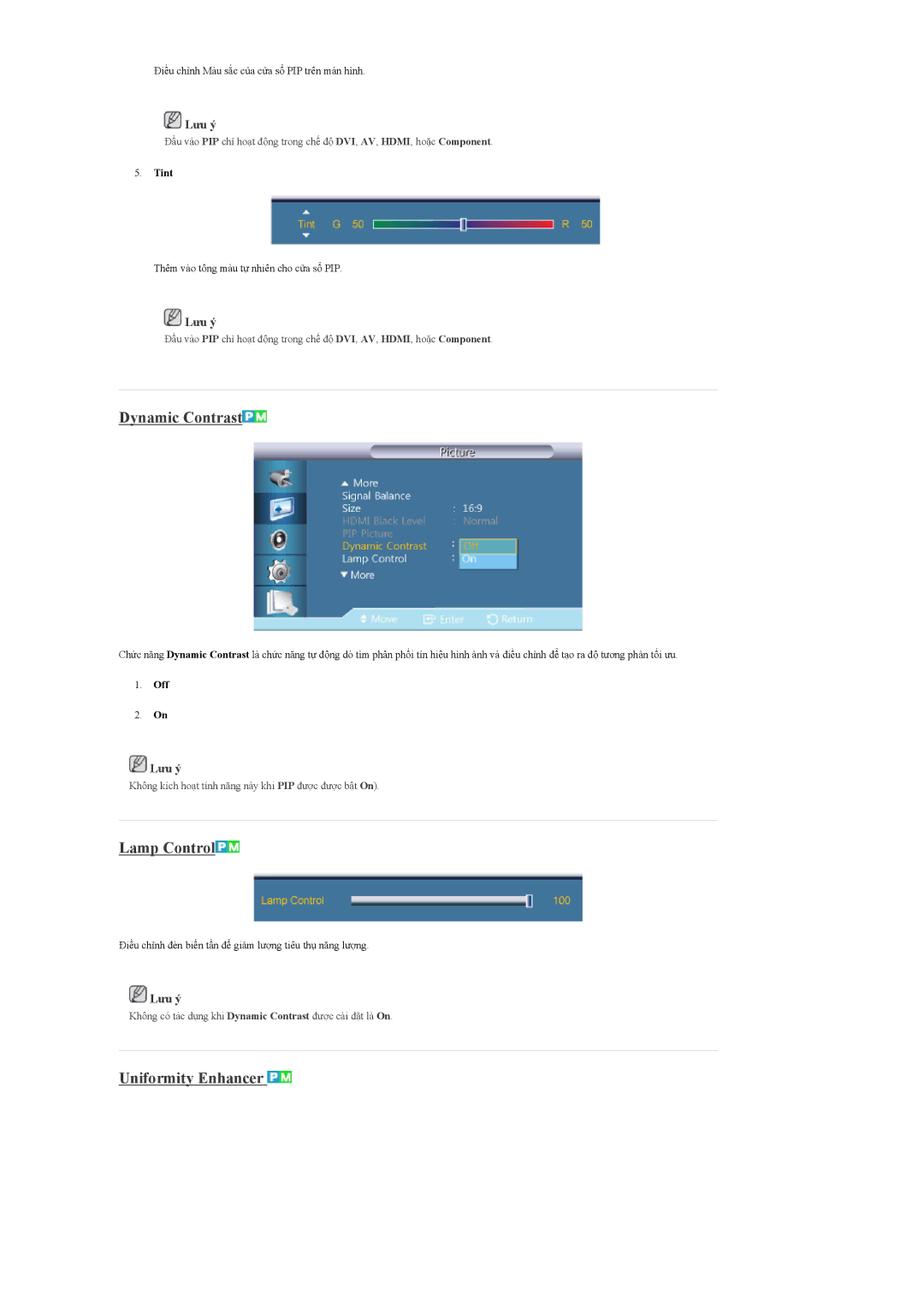 Samsung LH55CPPLBB/XY, LH55CPPLBB/XS, LH46CPPLBB/XY manual Dynamic Contrast, Lamp Control, Uniformity Enhancer 