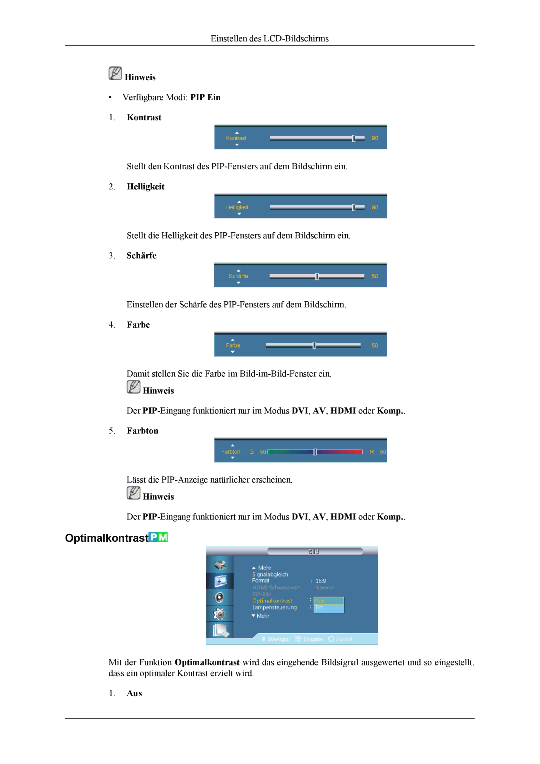 Samsung LH46CPPLBB/EN, LH55CPPLBB/ZA, LH55CPPLBB/EN manual Optimalkontrast, Farbe, Farbton, Aus 