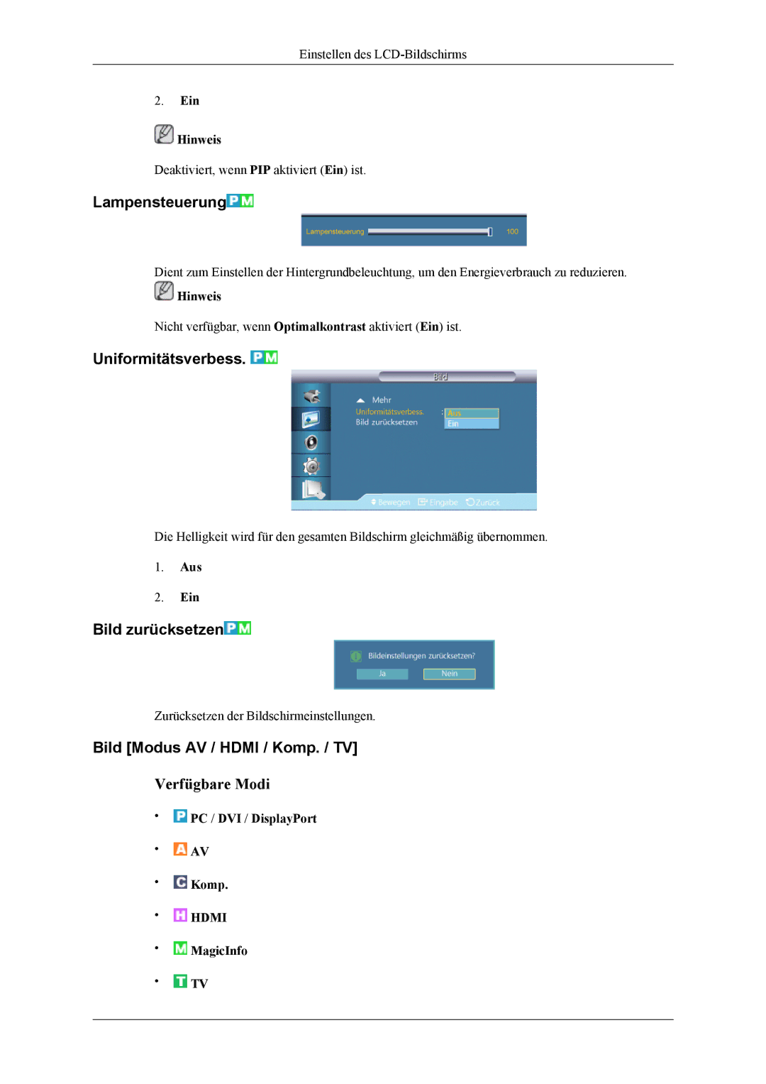 Samsung LH55CPPLBB/EN manual Lampensteuerung, Uniformitätsverbess, Bild zurücksetzen, Bild Modus AV / Hdmi / Komp. / TV 