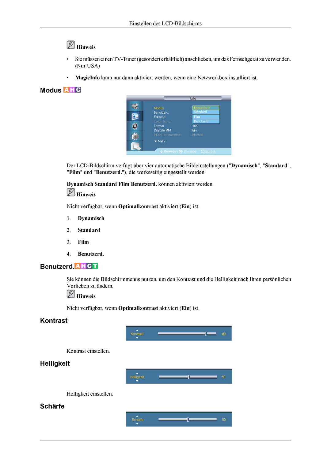 Samsung LH55CPPLBB/ZA, LH46CPPLBB/EN, LH55CPPLBB/EN manual Kontrast, Helligkeit, Schärfe, Dynamisch Standard Film Benutzerd 