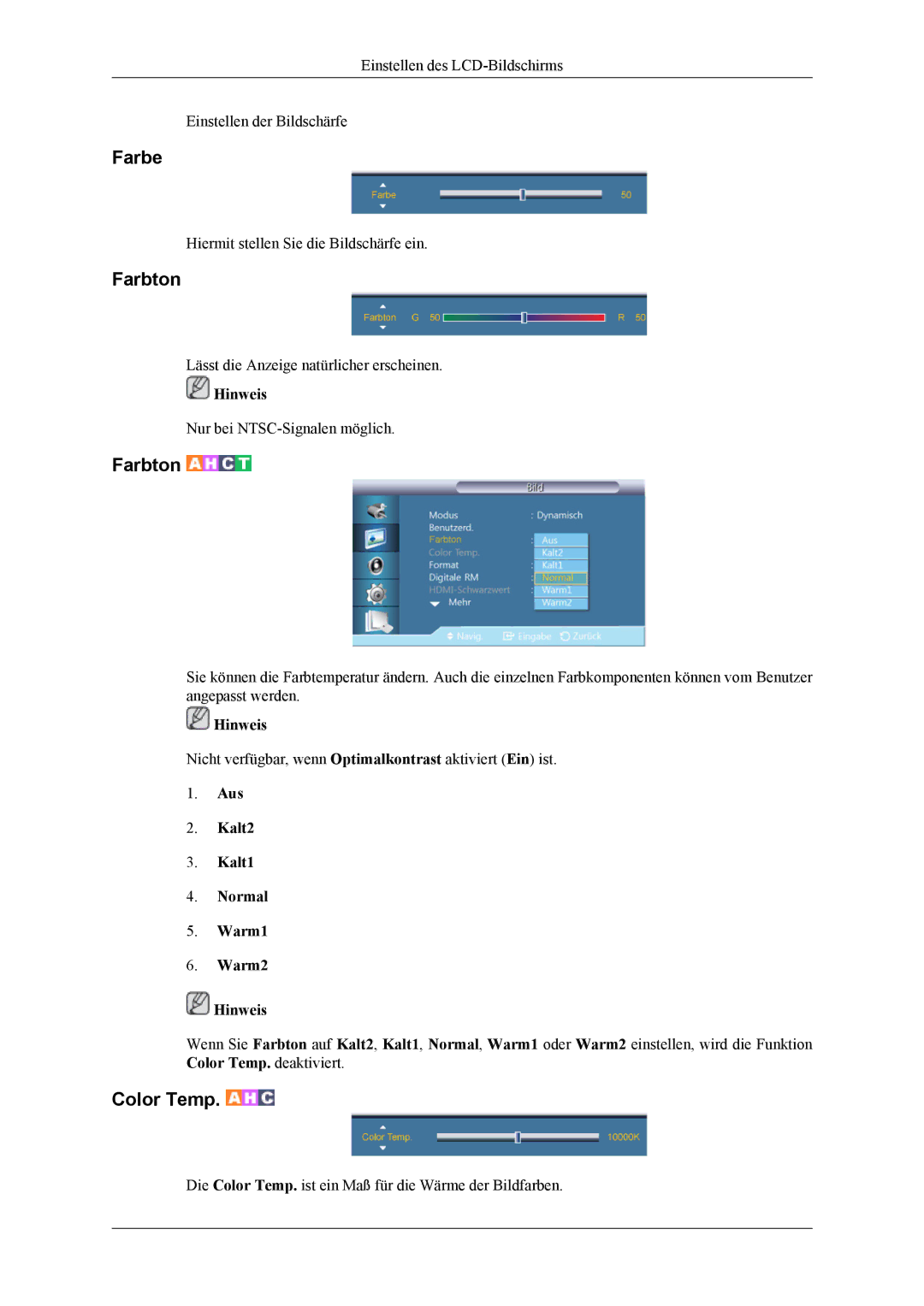 Samsung LH46CPPLBB/EN, LH55CPPLBB/ZA, LH55CPPLBB/EN manual Farbe, Aus Kalt2 Kalt1 Normal Warm1 Warm2 Hinweis 