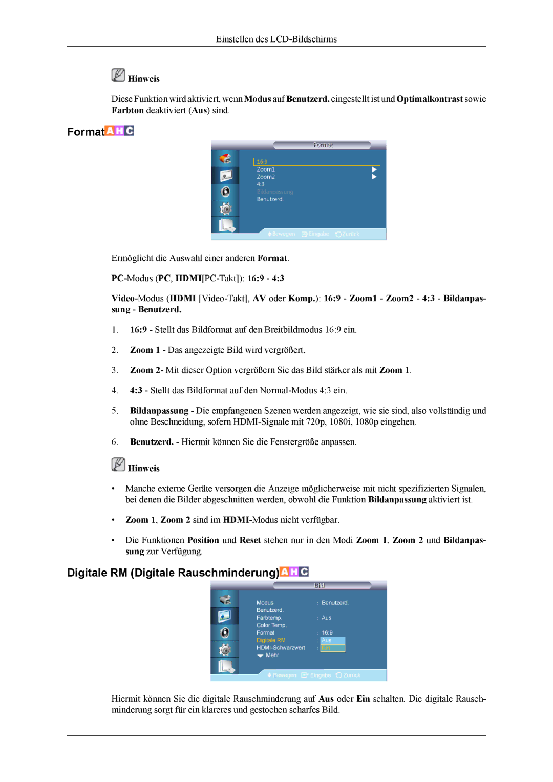 Samsung LH55CPPLBB/EN, LH55CPPLBB/ZA, LH46CPPLBB/EN manual Format, Digitale RM Digitale Rauschminderung 