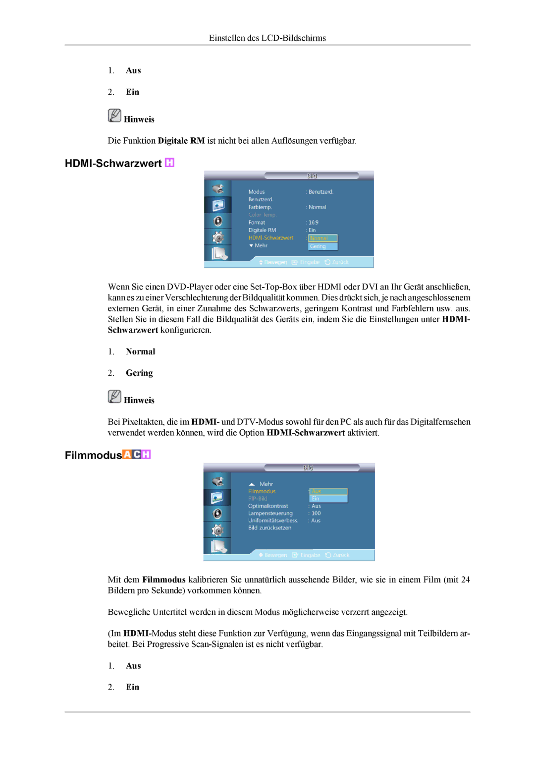 Samsung LH55CPPLBB/ZA, LH46CPPLBB/EN, LH55CPPLBB/EN manual Filmmodus, Aus Ein Hinweis 