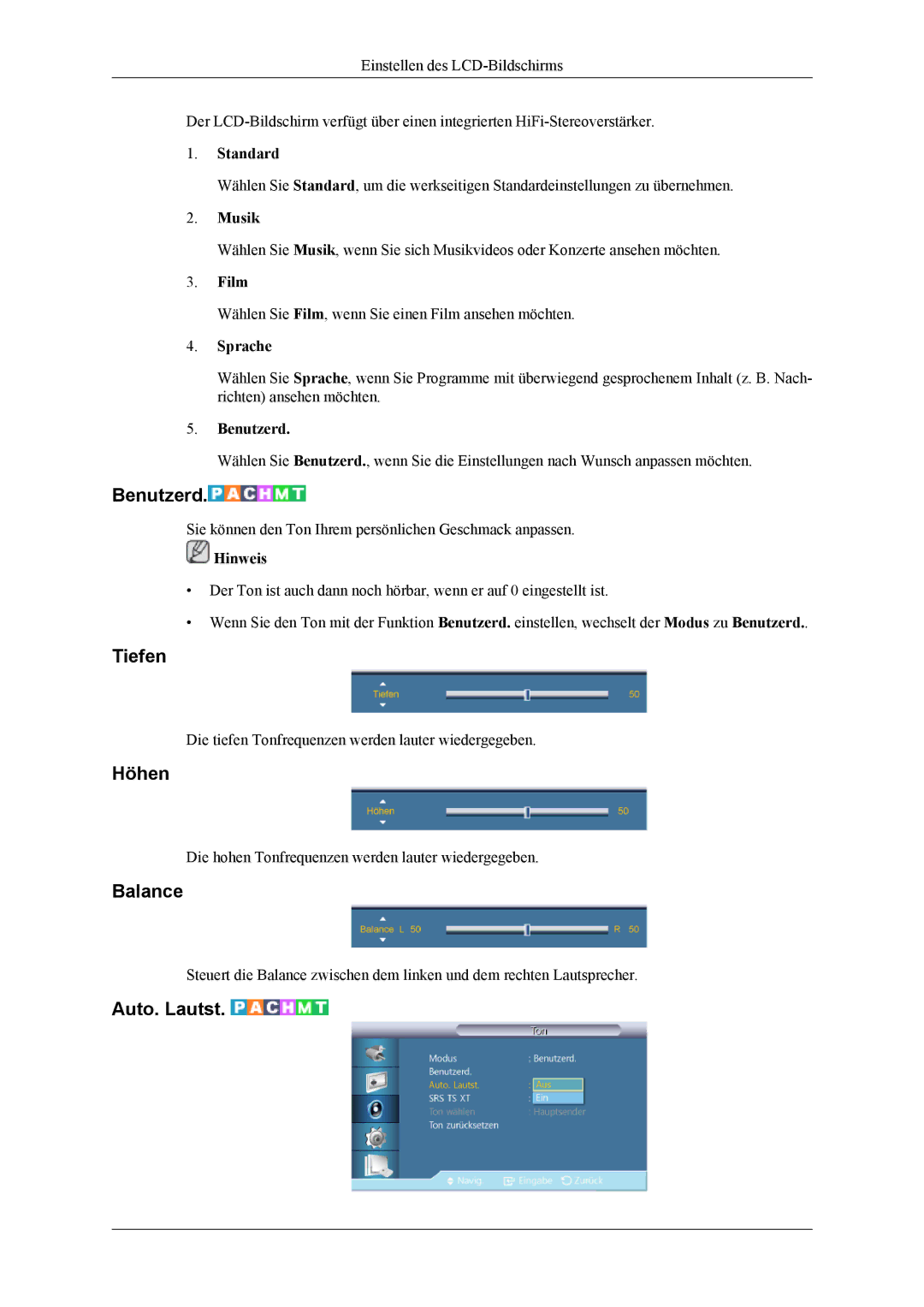 Samsung LH55CPPLBB/ZA, LH46CPPLBB/EN, LH55CPPLBB/EN manual Tiefen, Höhen, Balance, Auto. Lautst 