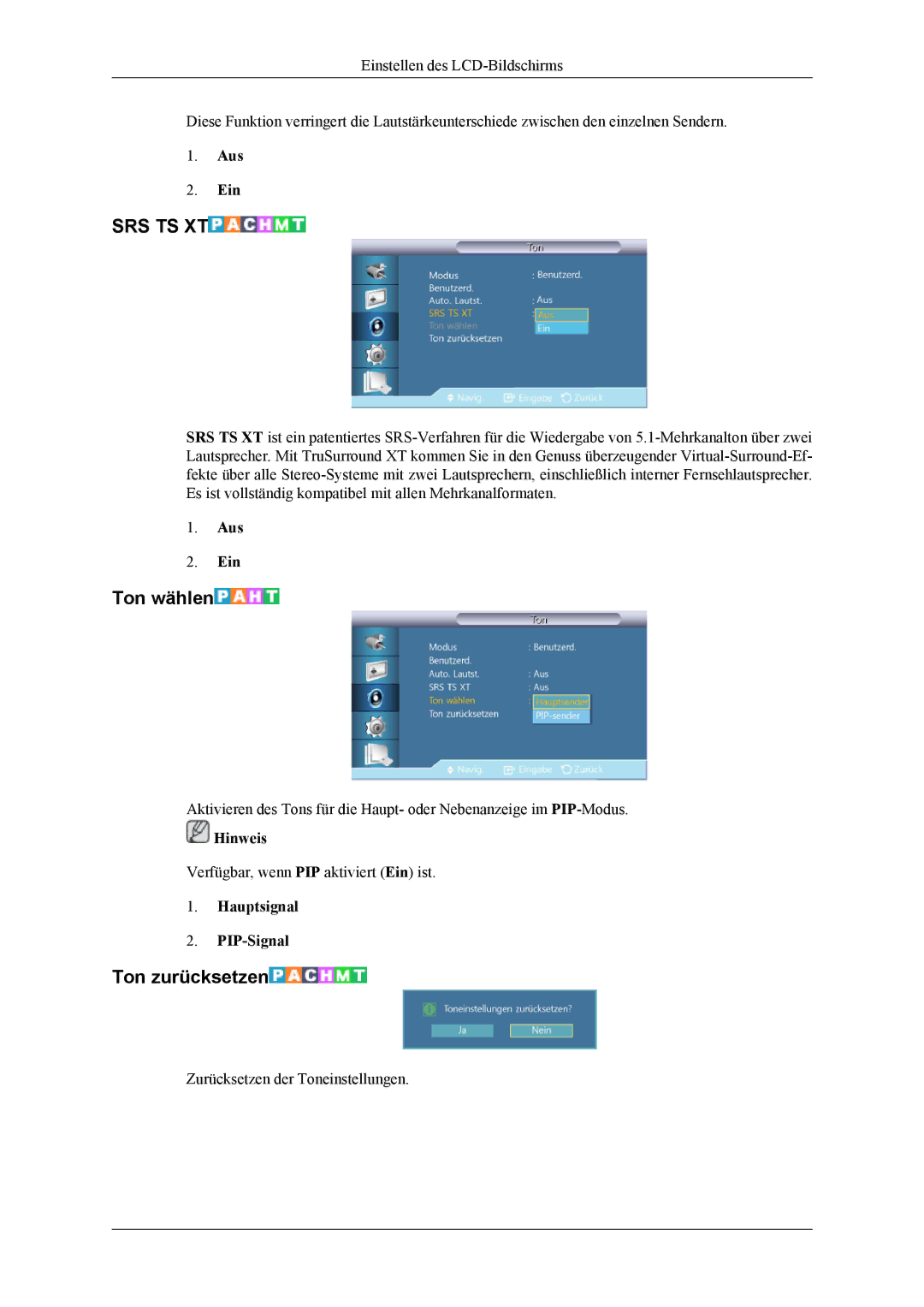 Samsung LH46CPPLBB/EN, LH55CPPLBB/ZA, LH55CPPLBB/EN manual Ton wählen, Ton zurücksetzen, Hauptsignal PIP-Signal 