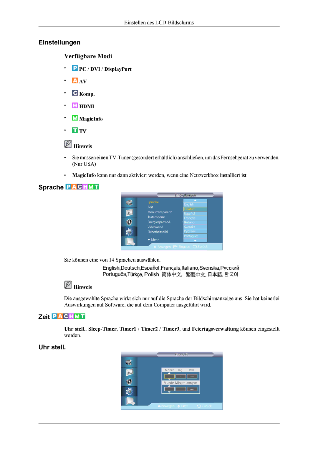 Samsung LH55CPPLBB/EN, LH55CPPLBB/ZA, LH46CPPLBB/EN manual Einstellungen, Sprache, Zeit, Uhr stell 