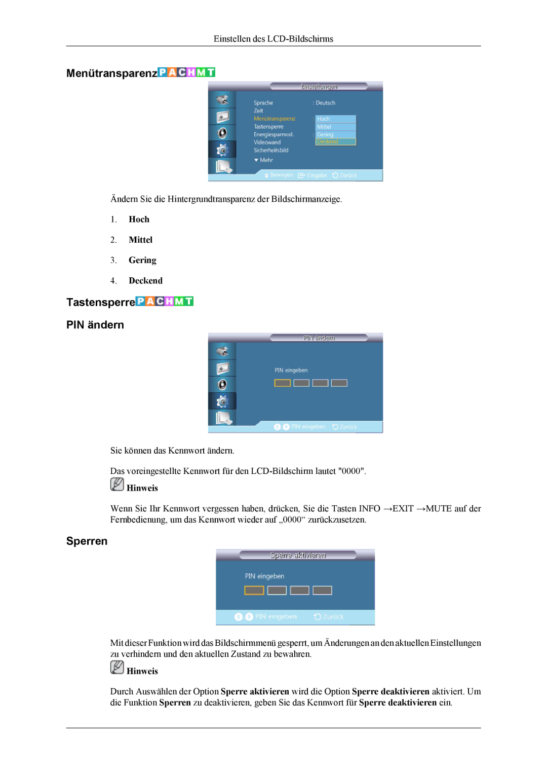 Samsung LH55CPPLBB/EN, LH55CPPLBB/ZA manual Menütransparenz, Tastensperre PIN ändern, Sperren, Hoch Mittel Gering Deckend 