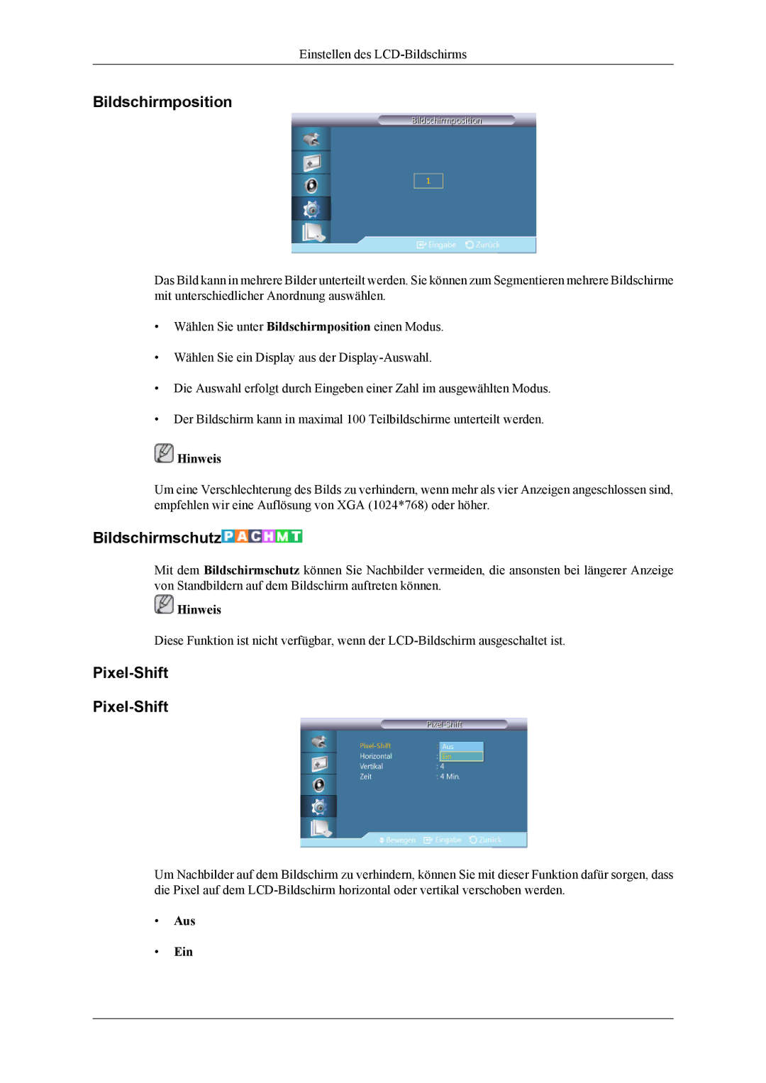 Samsung LH55CPPLBB/EN, LH55CPPLBB/ZA, LH46CPPLBB/EN manual Bildschirmposition, Bildschirmschutz, Pixel-Shift 