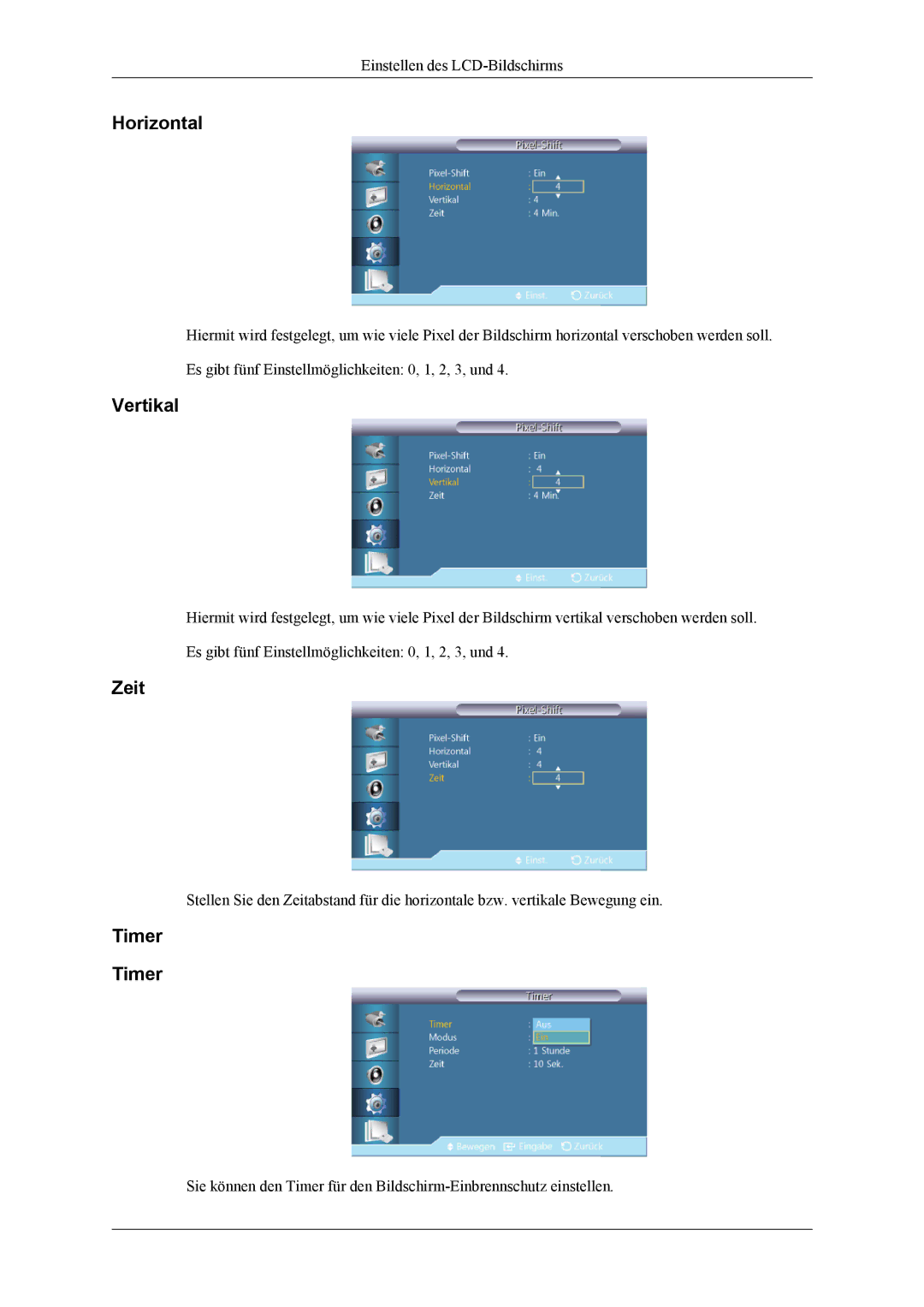 Samsung LH55CPPLBB/ZA, LH46CPPLBB/EN, LH55CPPLBB/EN manual Zeit, Timer 