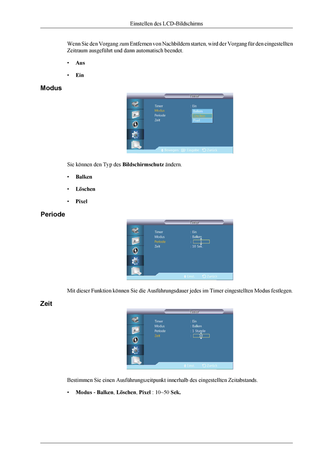 Samsung LH46CPPLBB/EN, LH55CPPLBB/ZA, LH55CPPLBB/EN Periode, Balken Löschen Pixel, Modus Balken, Löschen, Pixel 10~50 Sek 