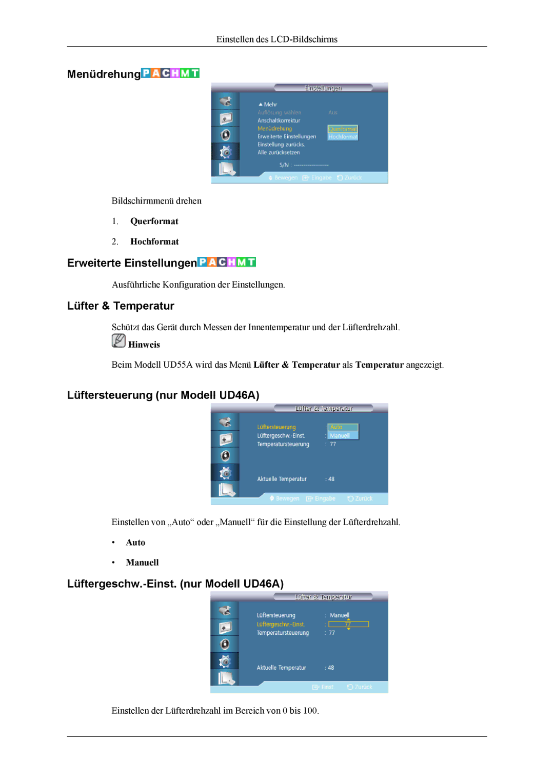 Samsung LH46CPPLBB/EN manual Menüdrehung, Erweiterte Einstellungen, Lüfter & Temperatur, Lüftersteuerung nur Modell UD46A 