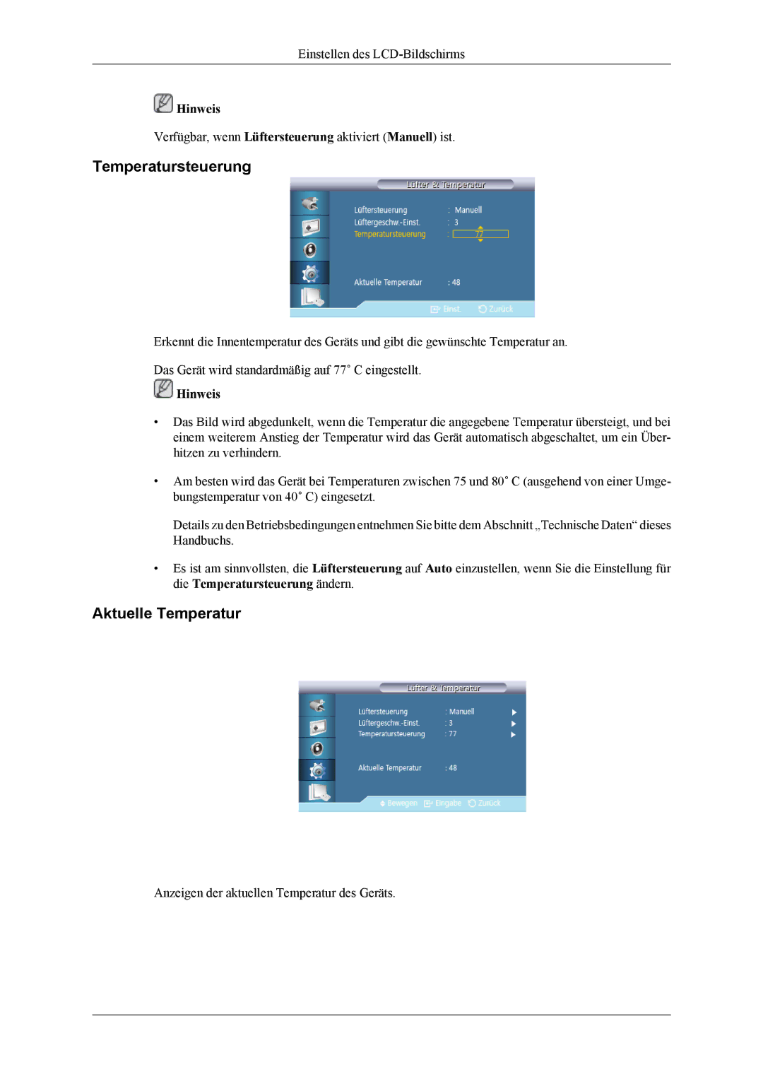 Samsung LH55CPPLBB/EN, LH55CPPLBB/ZA, LH46CPPLBB/EN manual Temperatursteuerung, Aktuelle Temperatur 